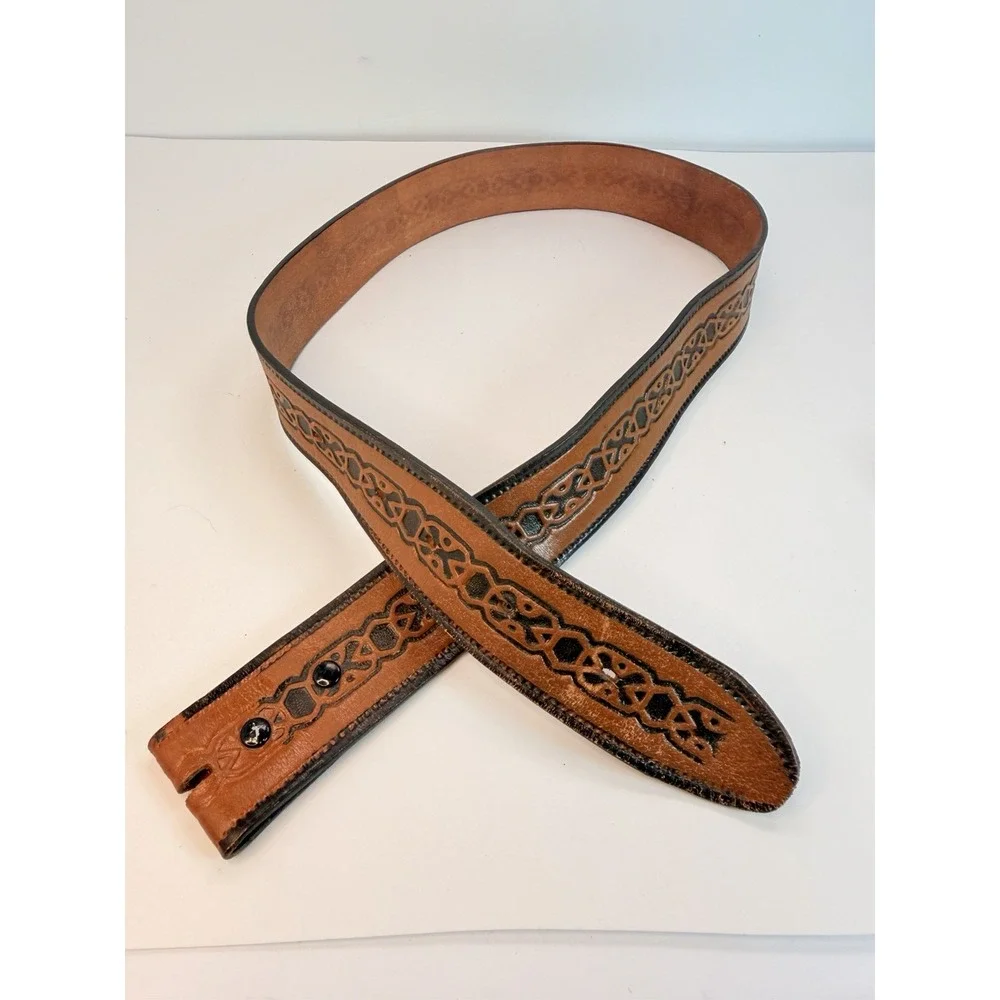 Hand Tooled Leather Belt Black Geometric Accents Vintage 38